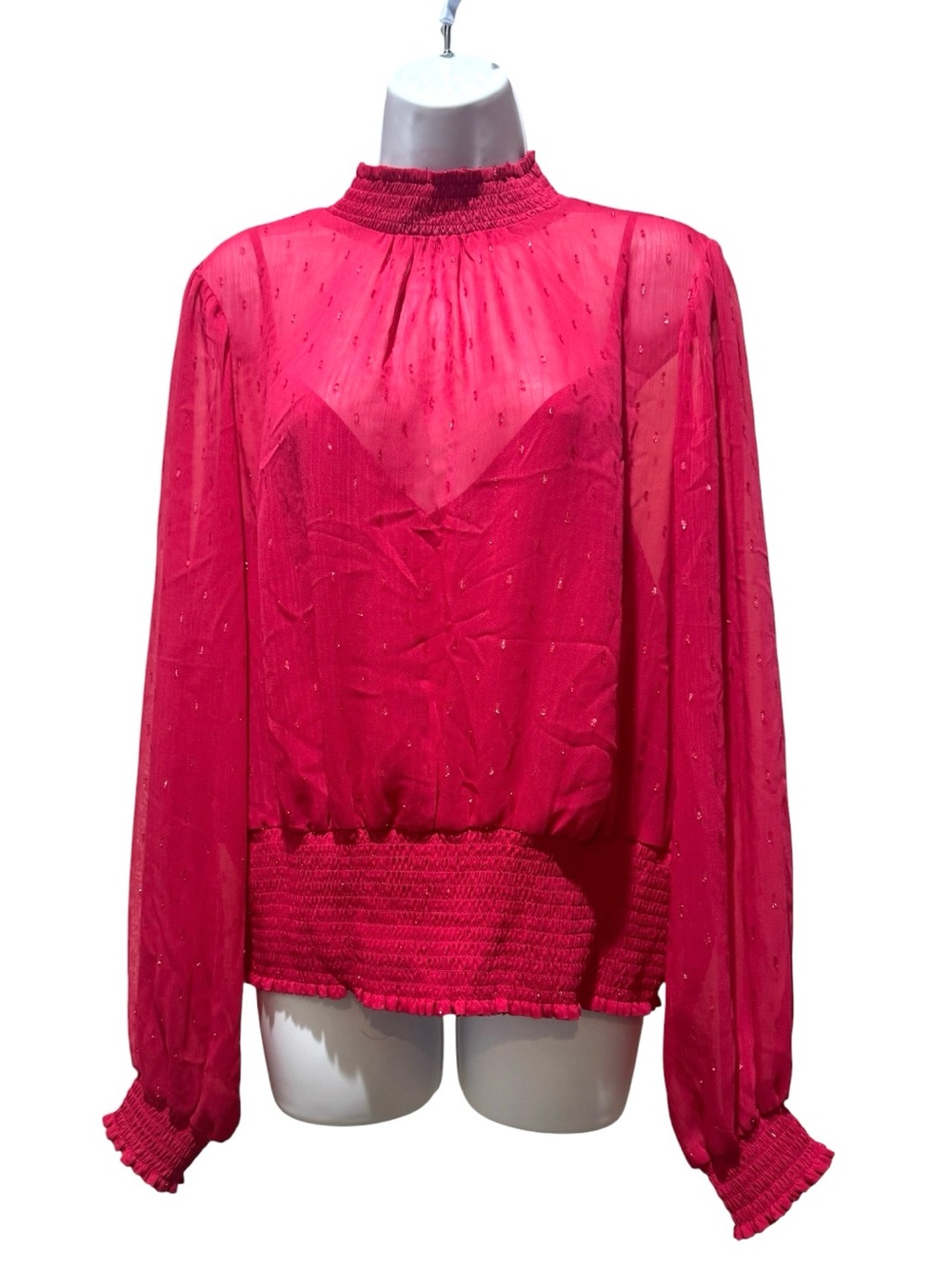 Express Hot Pink Metallic Sheer Smocked Blouse Attached Cami Size XL